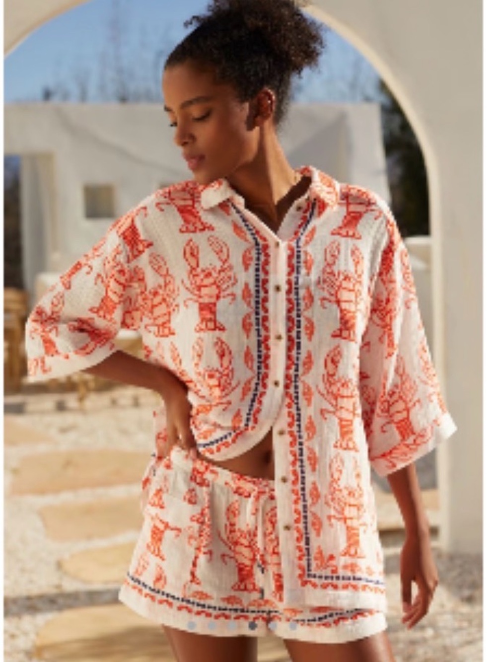 Anthropologie White & Orange Printed Cotton Pajama Set